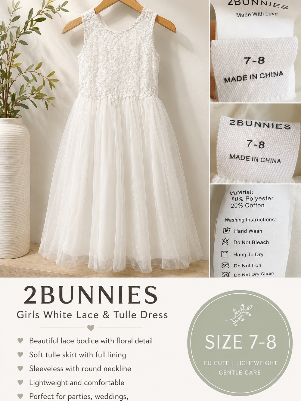 2Bunnies White Lace & Tulle Girls Formal Dress - Size 7-8